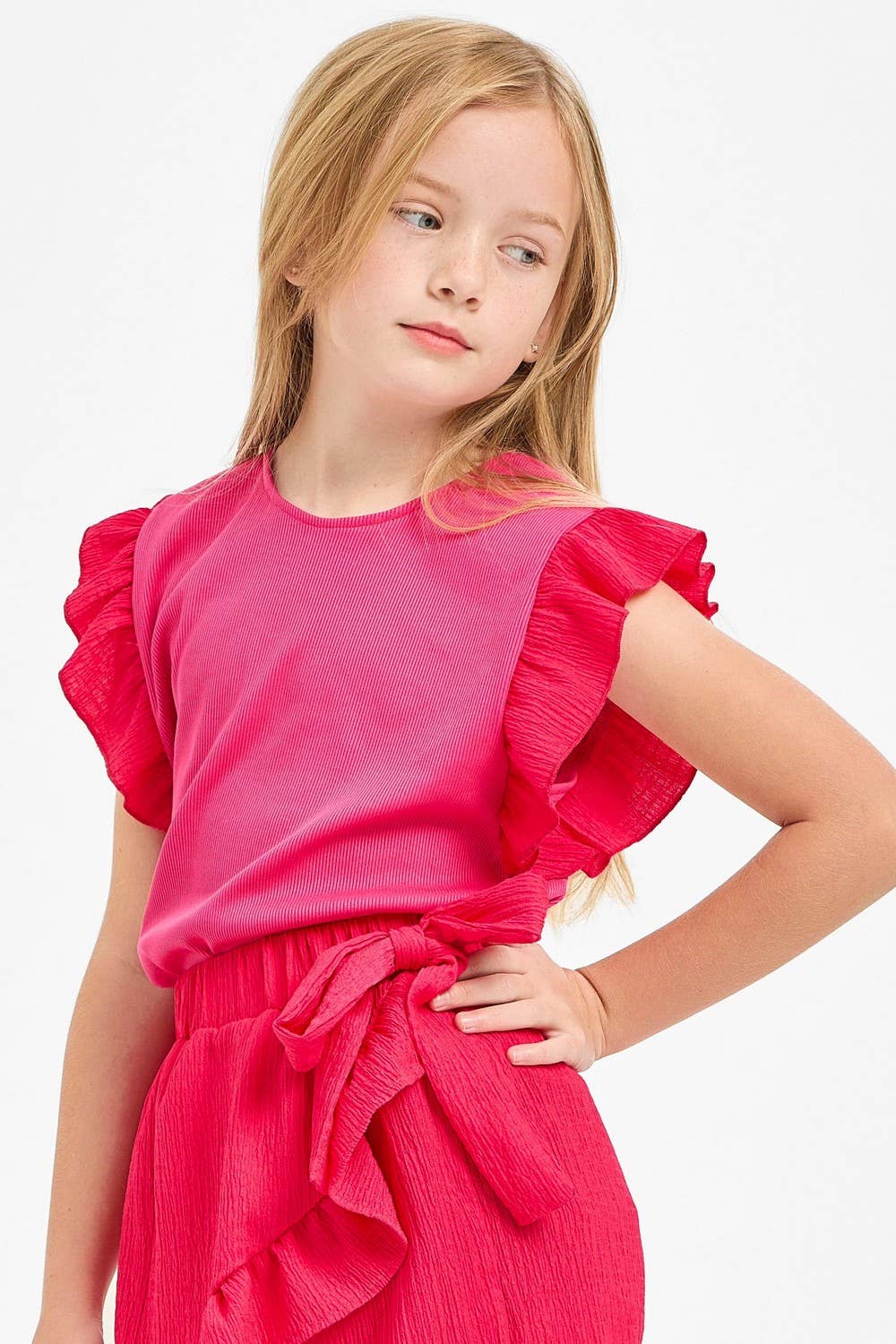 Ruffle Sleeves Ribbed Knit Top: Hot Pink