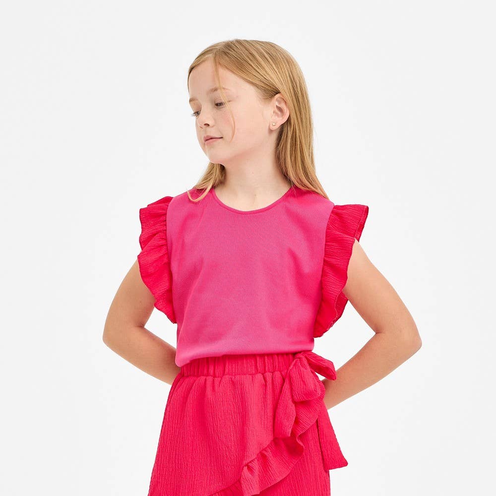 Ruffle Sleeves Ribbed Knit Top: Hot Pink