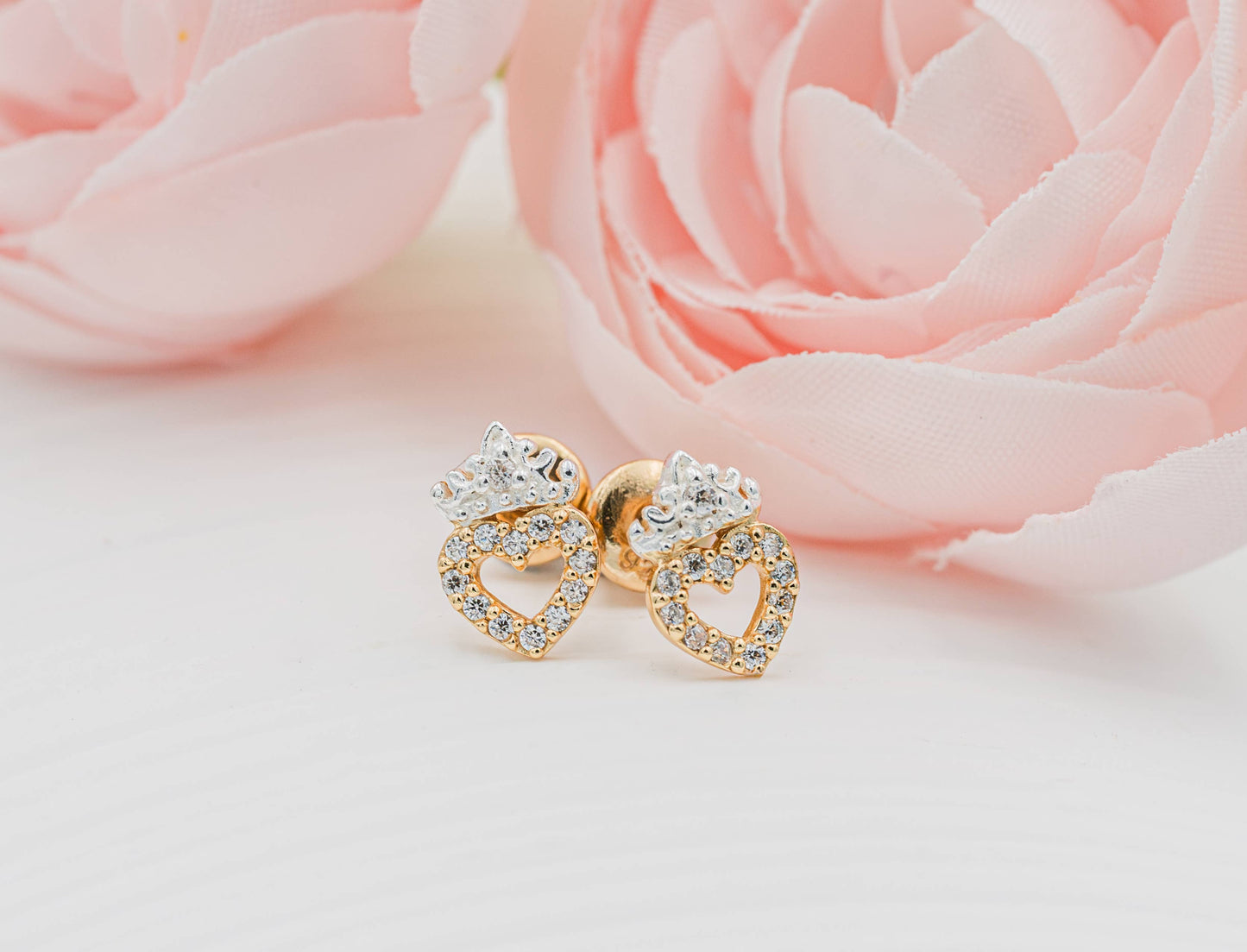 14K Gold and Sterling Silver Tiara Heart Earrings for Kids