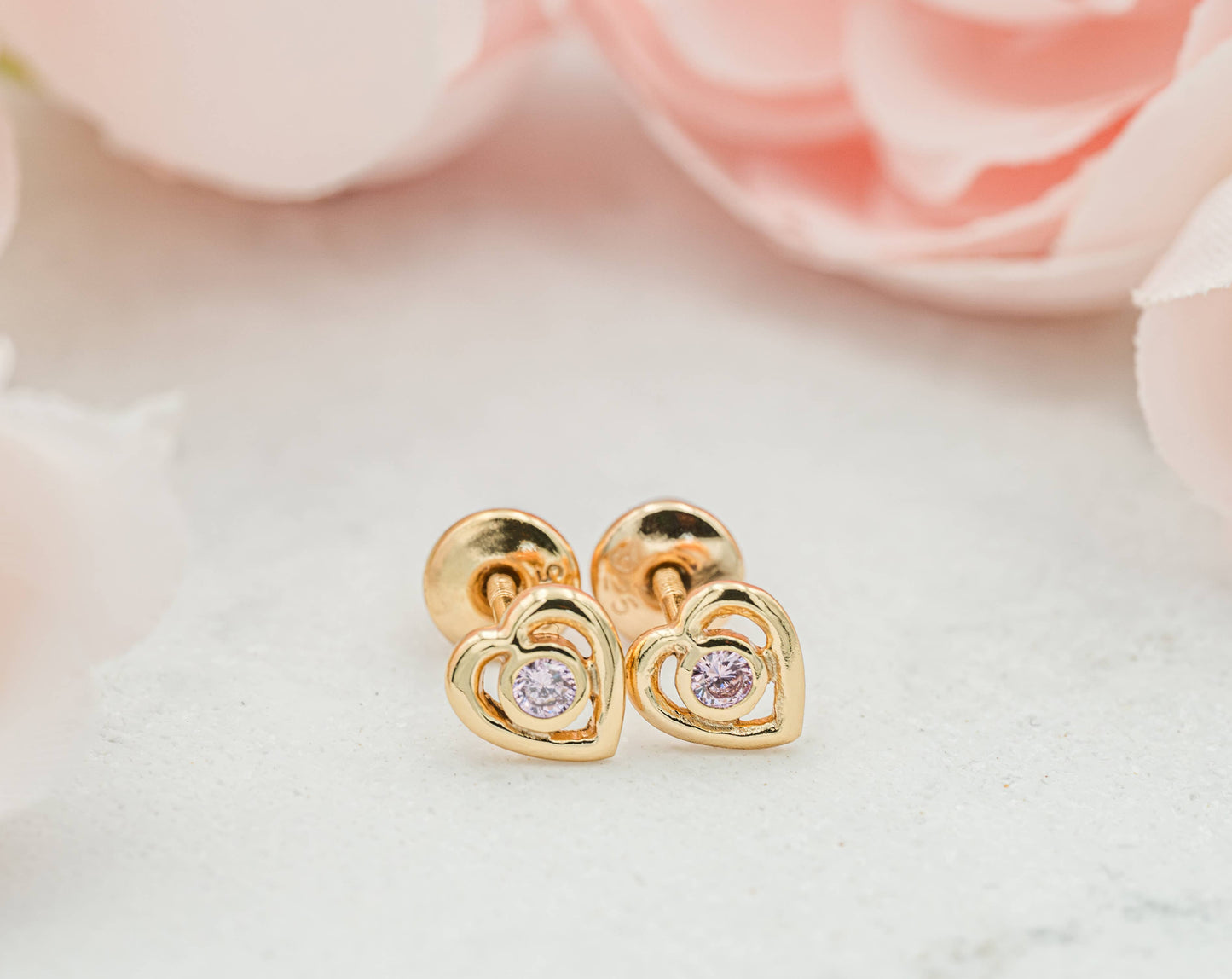 Kids 14K Gold-Plated Pink CZ Heart Earrings with Screw Backs: Pink