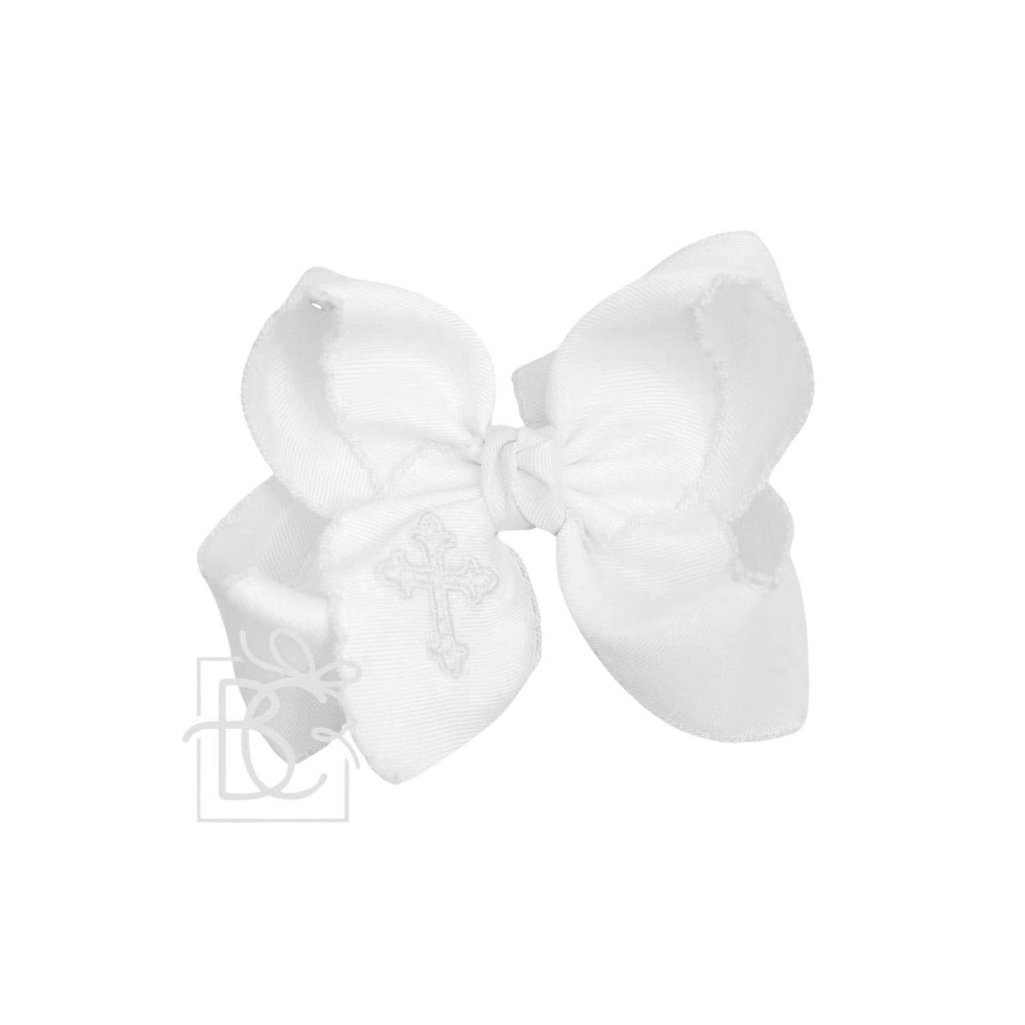 EMBROIDERED CROSS CROCHET EDGE BOWS: White / 4.5" Large Bow