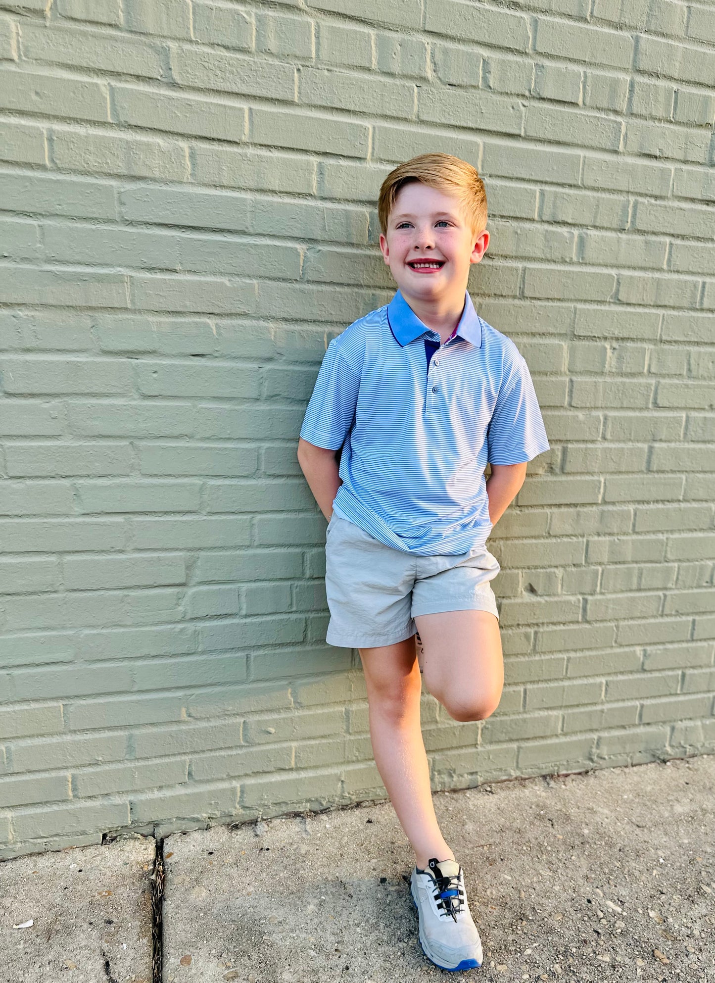 Youth White & Blue Stripe Performance Polo