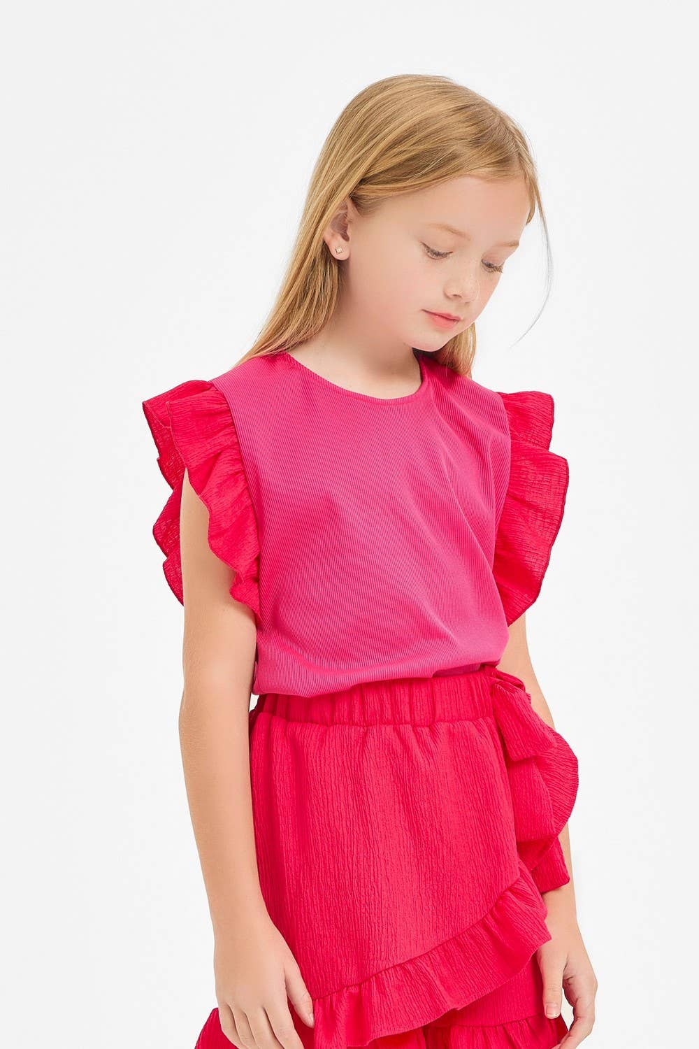 Ruffle Sleeves Ribbed Knit Top: Hot Pink