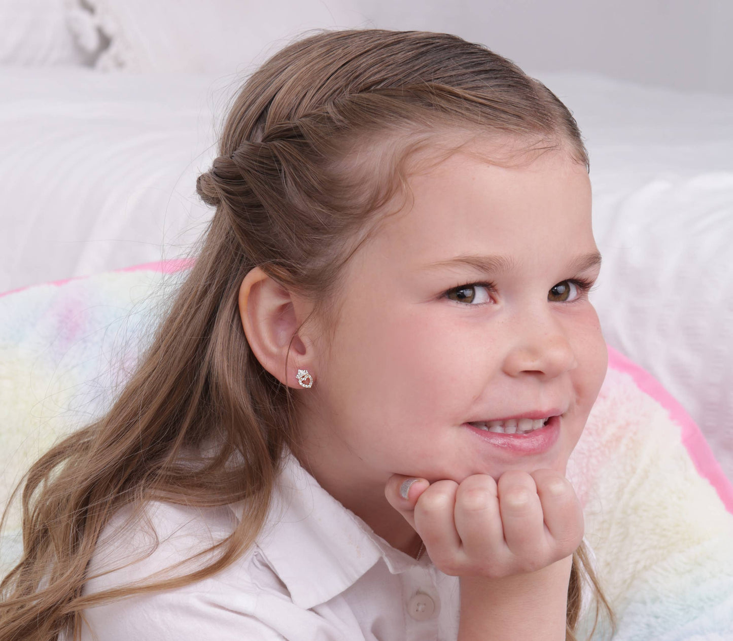 14K Gold and Sterling Silver Tiara Heart Earrings for Kids