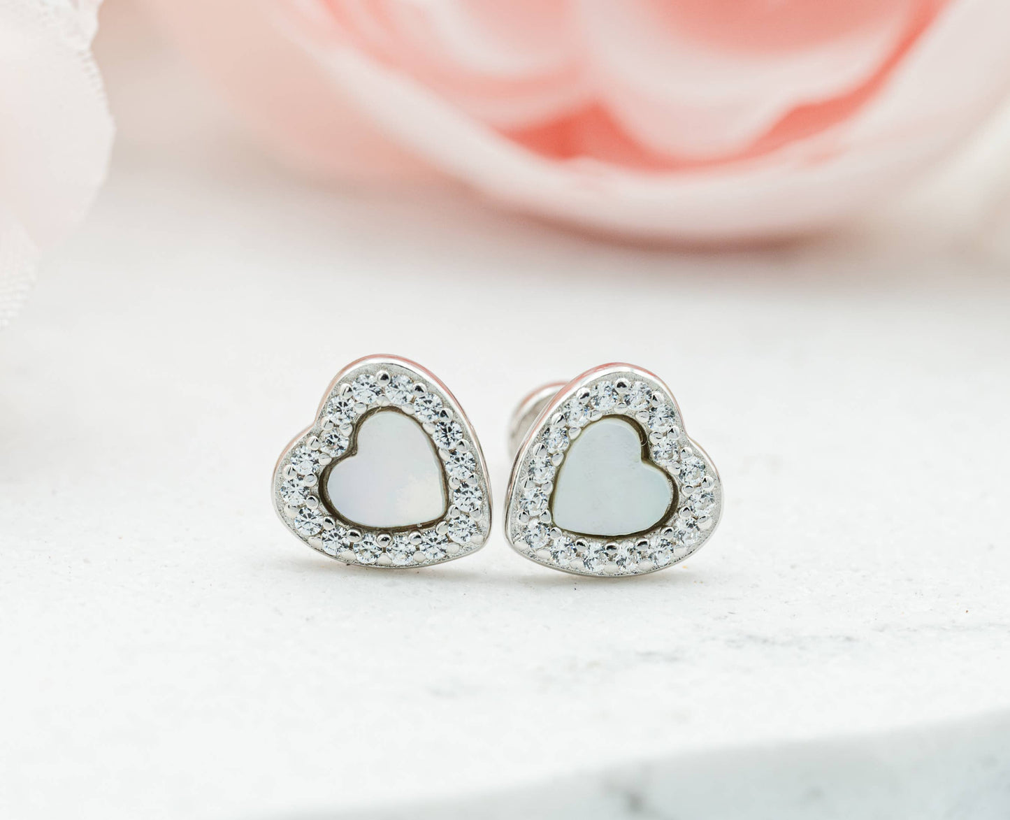 Sterling Silver Mother of Pearl Heart Earring Valentine Gift