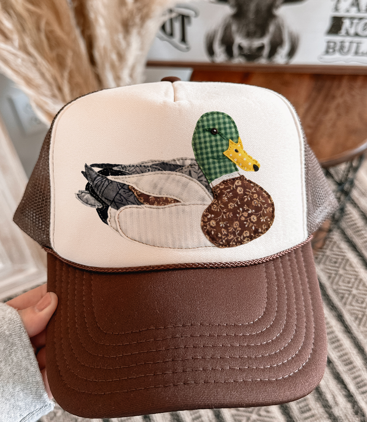 Grannys Faux Patchwork Mallard -Otto Trucker: Brown & Tan