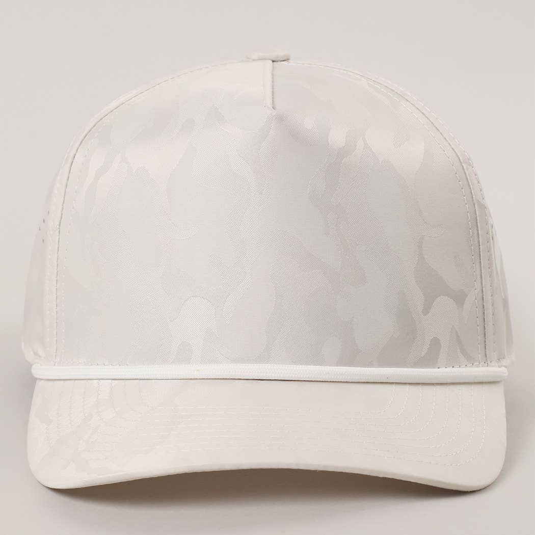 White Camo 5 Panel Rope Strap Trucker Hat: LT GREY / One Size