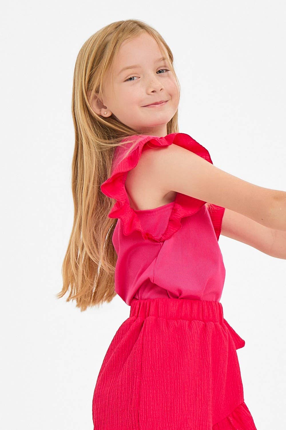 Ruffle Sleeves Ribbed Knit Top: Hot Pink
