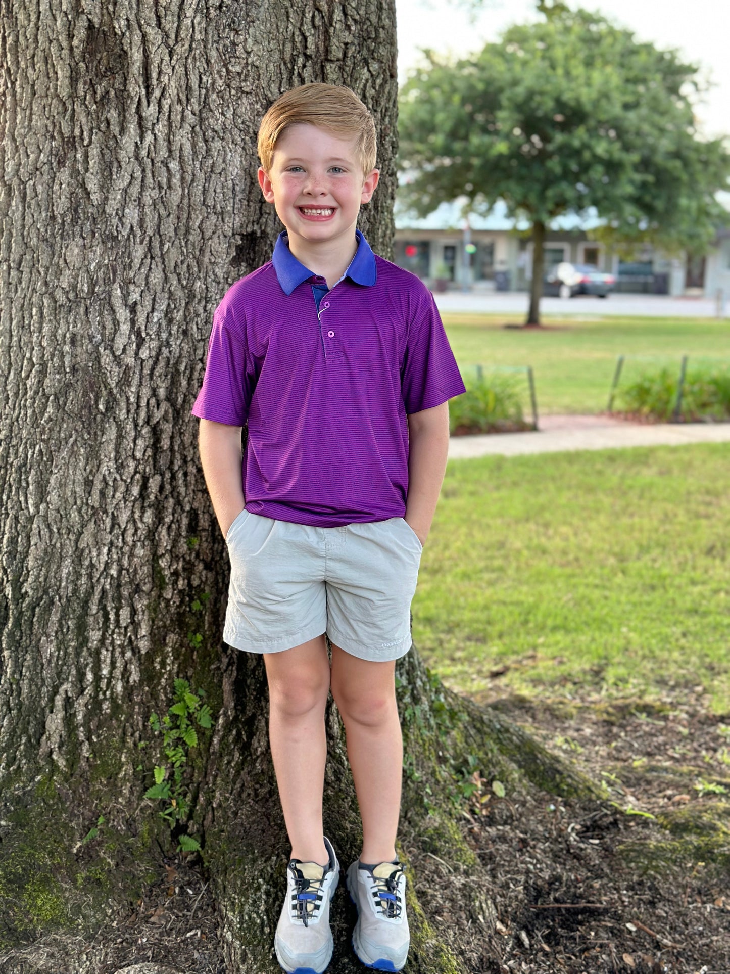 Youth Purple Stripe Performance Polo