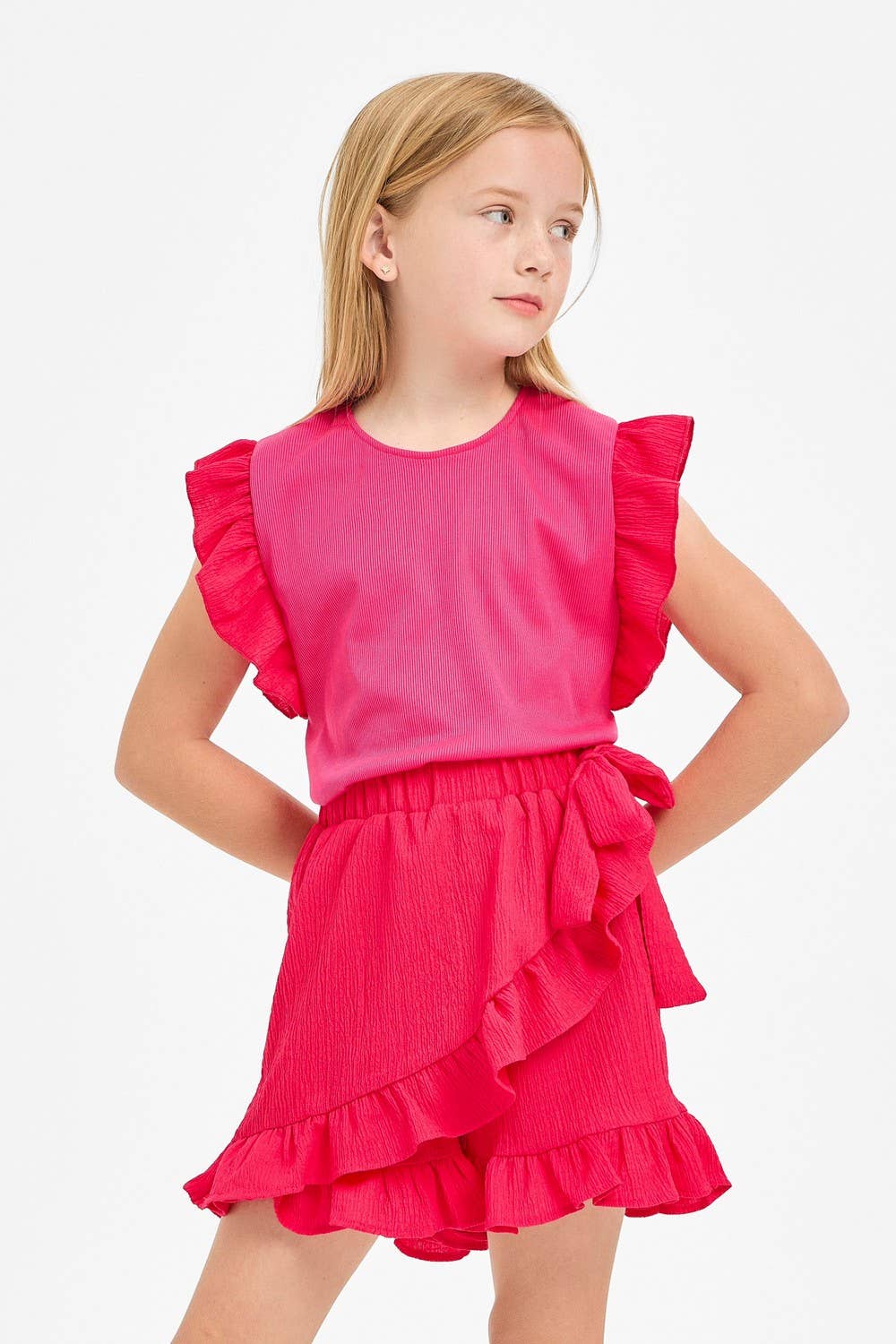 Ruffle Sleeves Ribbed Knit Top: Hot Pink