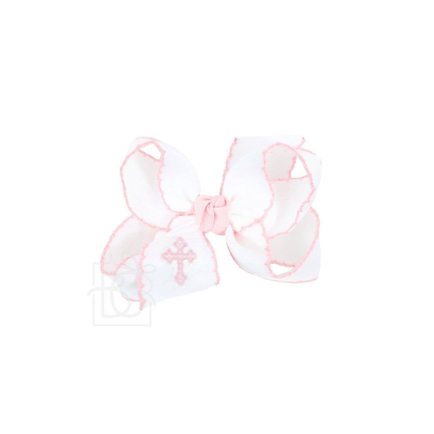 EMBROIDERED CROSS CROCHET EDGE BOWS: Light Pink / 4.5"