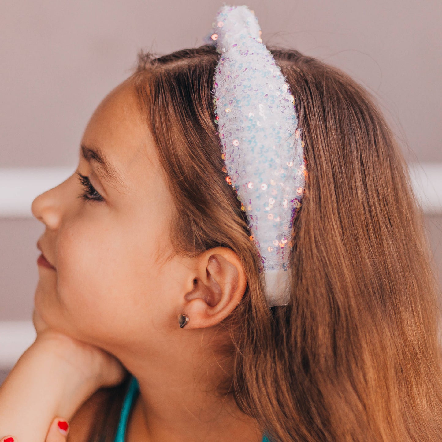 Kids Knot Headband - Rainbow Sequin White