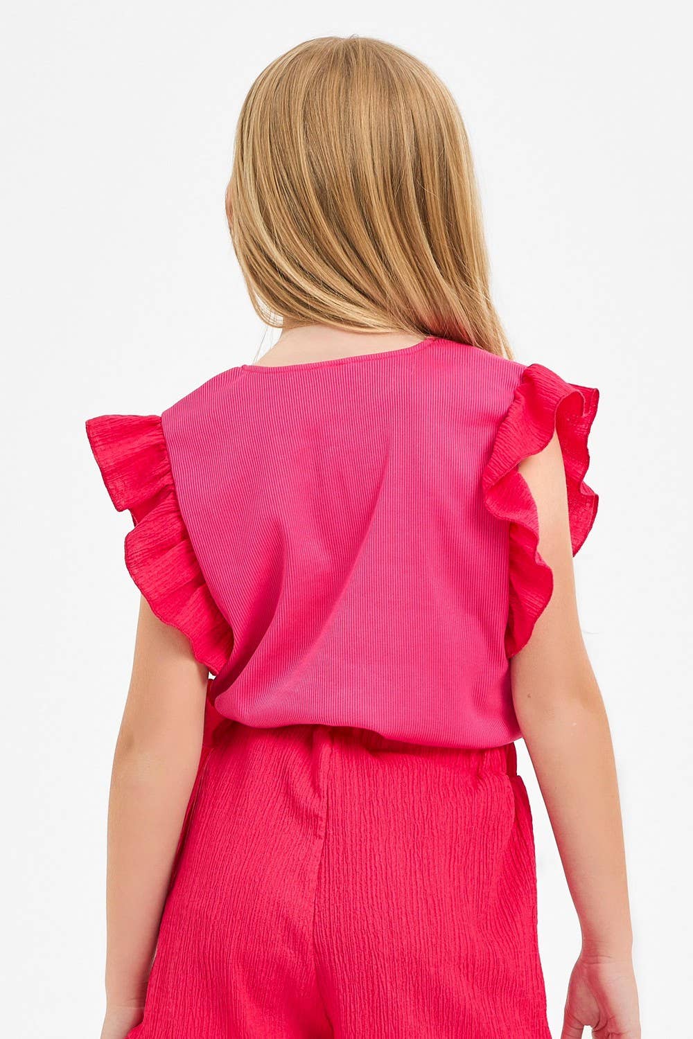 Ruffle Sleeves Ribbed Knit Top: Hot Pink