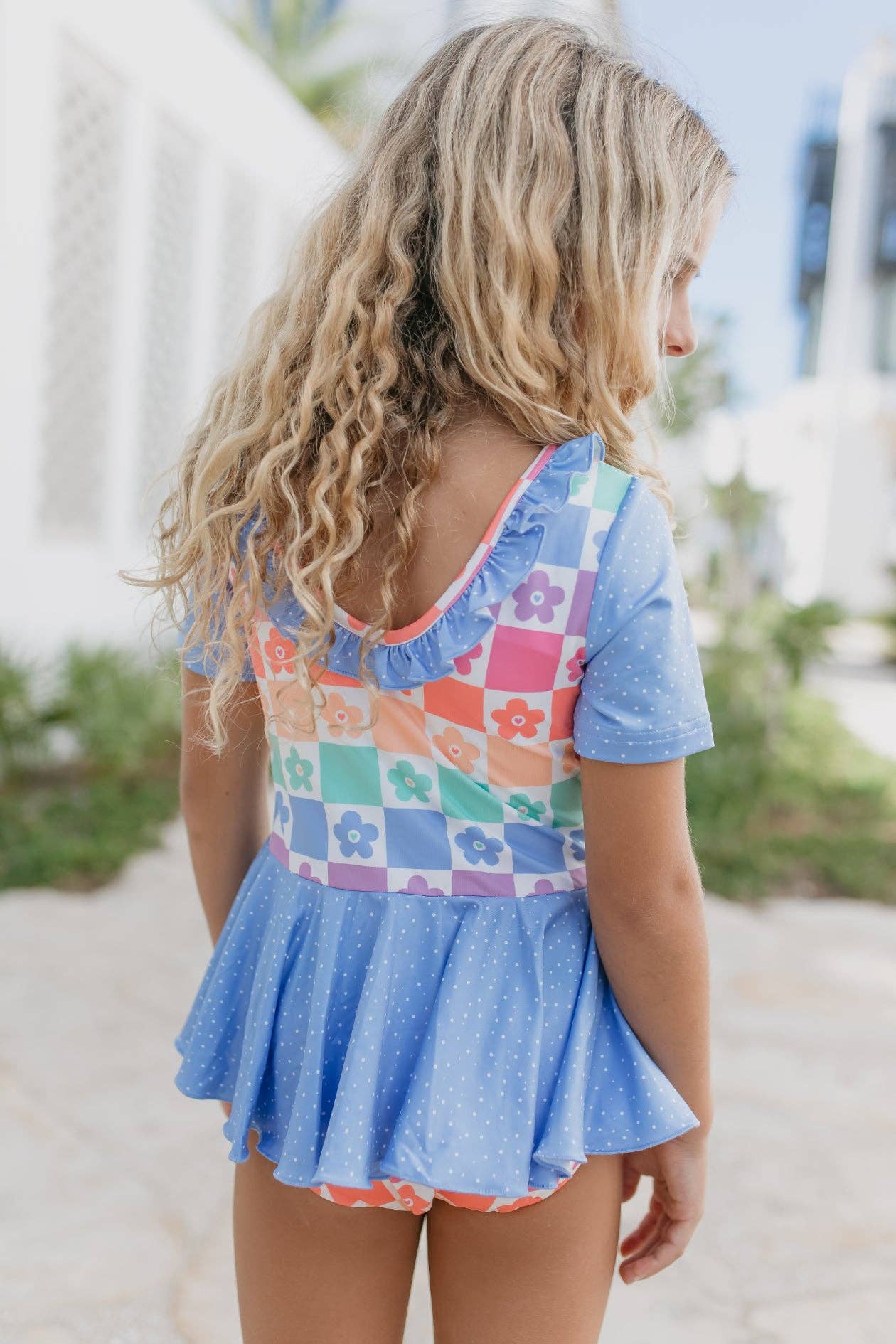 Rainbow Flower Check Skirted Leotard