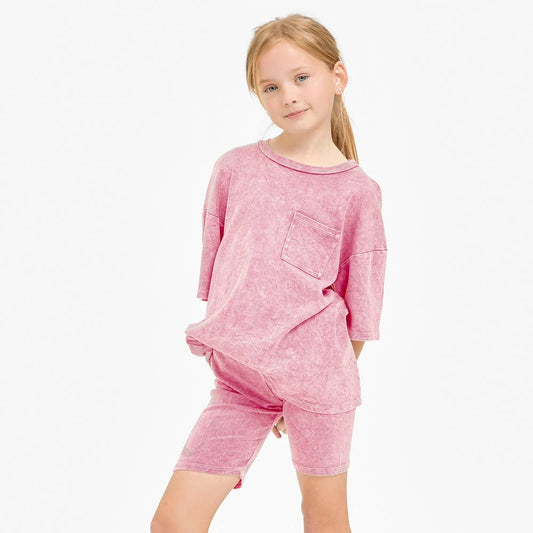 Mineral Washed Top and Biker Shorts 2piece Matching Set: Pink / XL