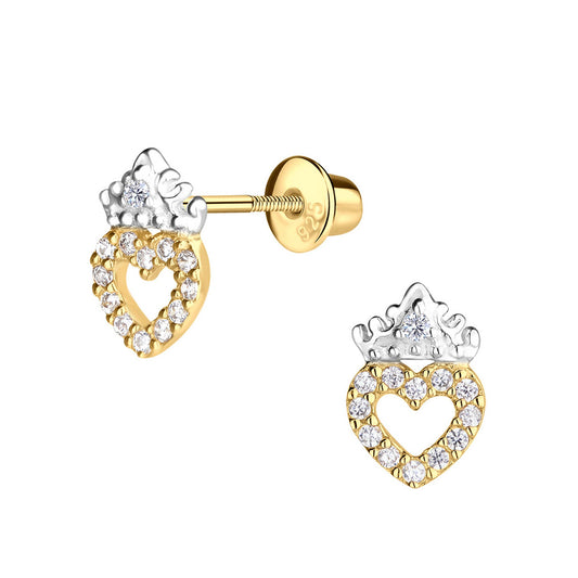 14K Gold and Sterling Silver Tiara Heart Earrings for Kids