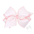 King White Grosgrain Hair Bow with Moonstitch Edge and Cross Embroidery on Tail