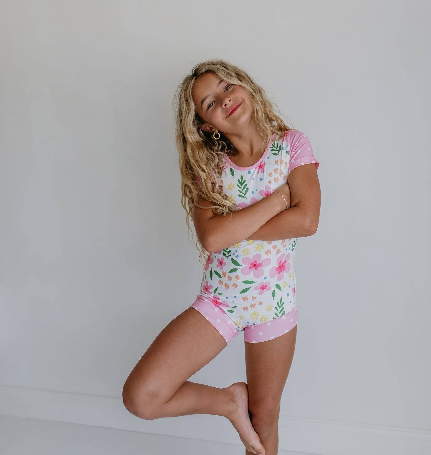 Pink & Yellow Floral Shortie Leotard