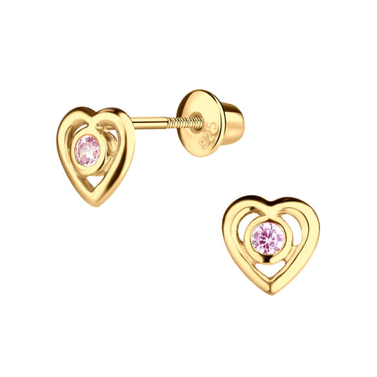 Kids 14K Gold-Plated Pink CZ Heart Earrings with Screw Backs: Pink