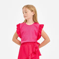 Ruffle Sleeves Ribbed Knit Top: Hot Pink