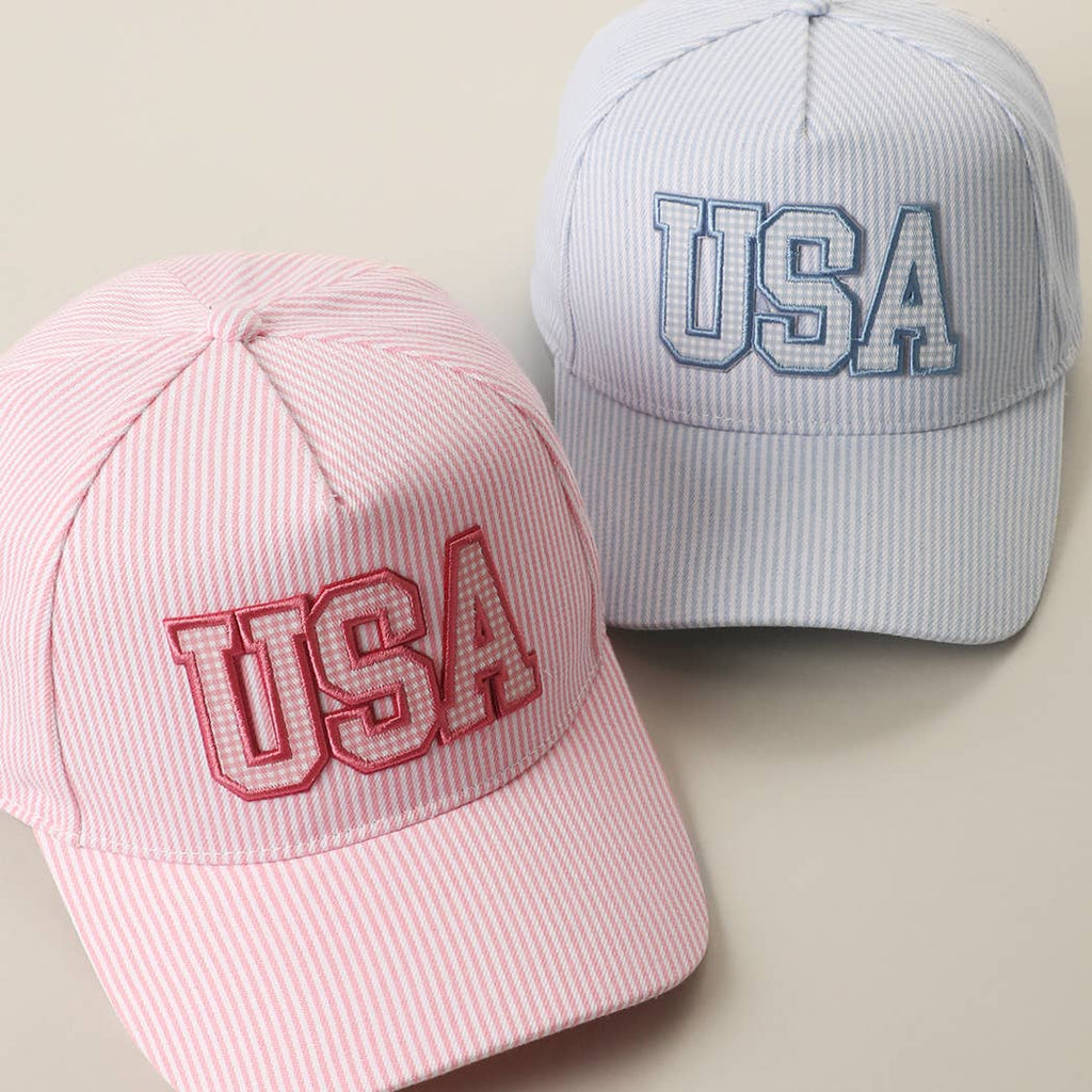 USA Embroidered Patch Gingham Stripe Trucker Hat: BLUE / One Size