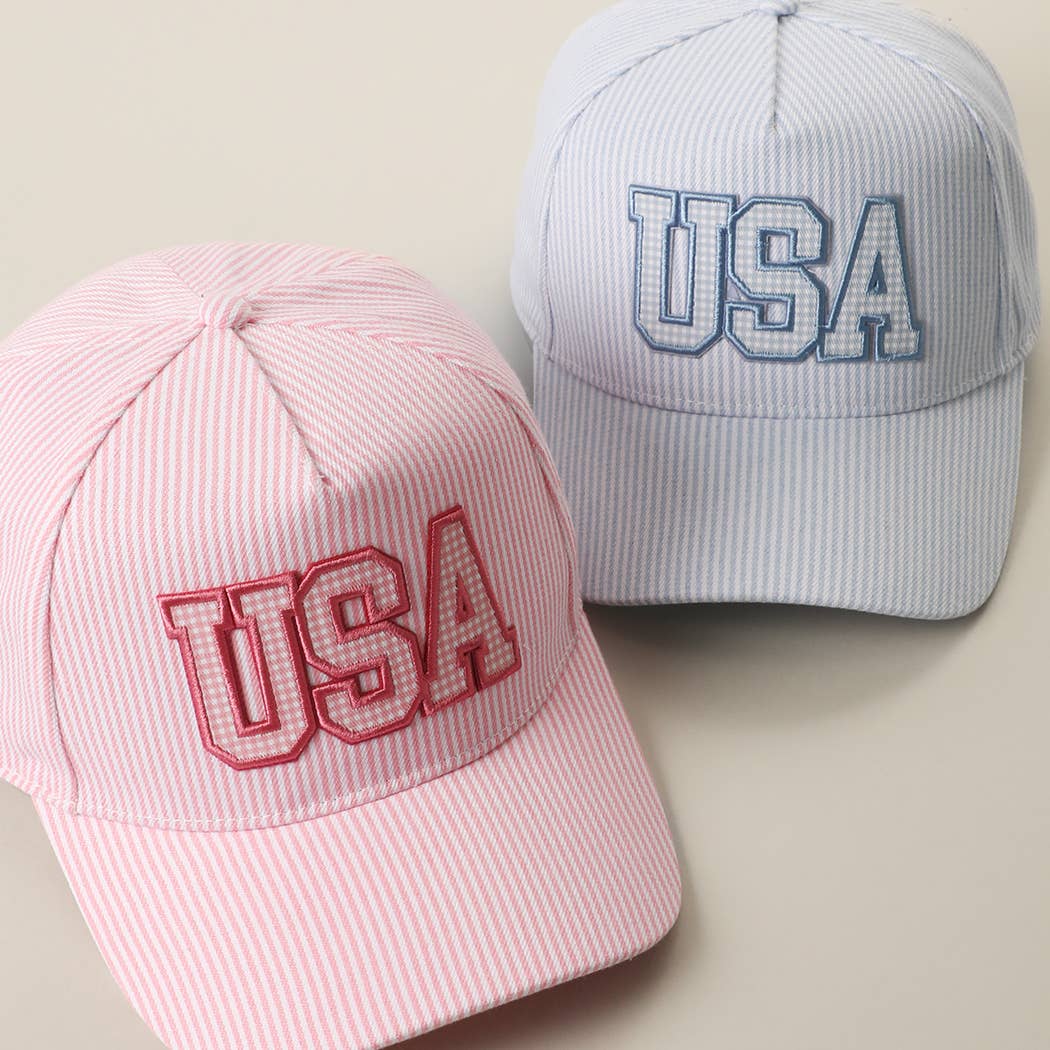 USA Embroidered Patch Gingham Stripe Trucker Hat: BLUE / One Size