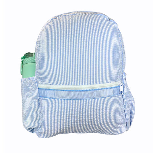 Baby Blue Seersucker Medium Backpack with Pocket