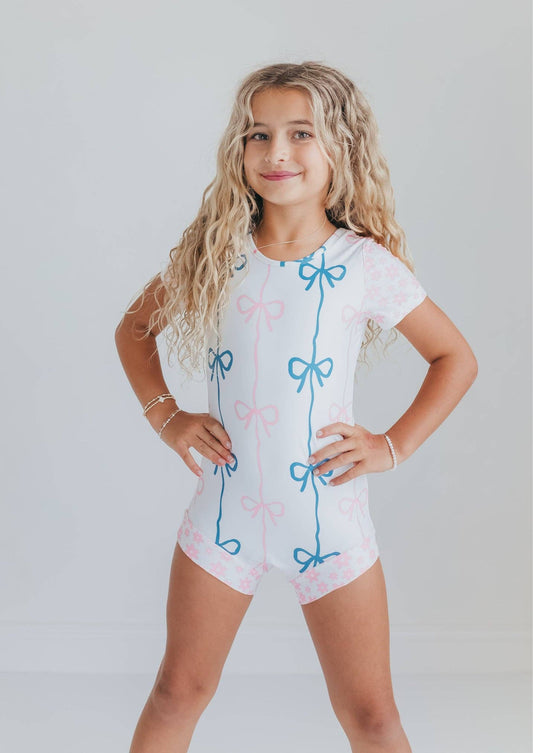 Pink & Blue Bow Shortie Leotard