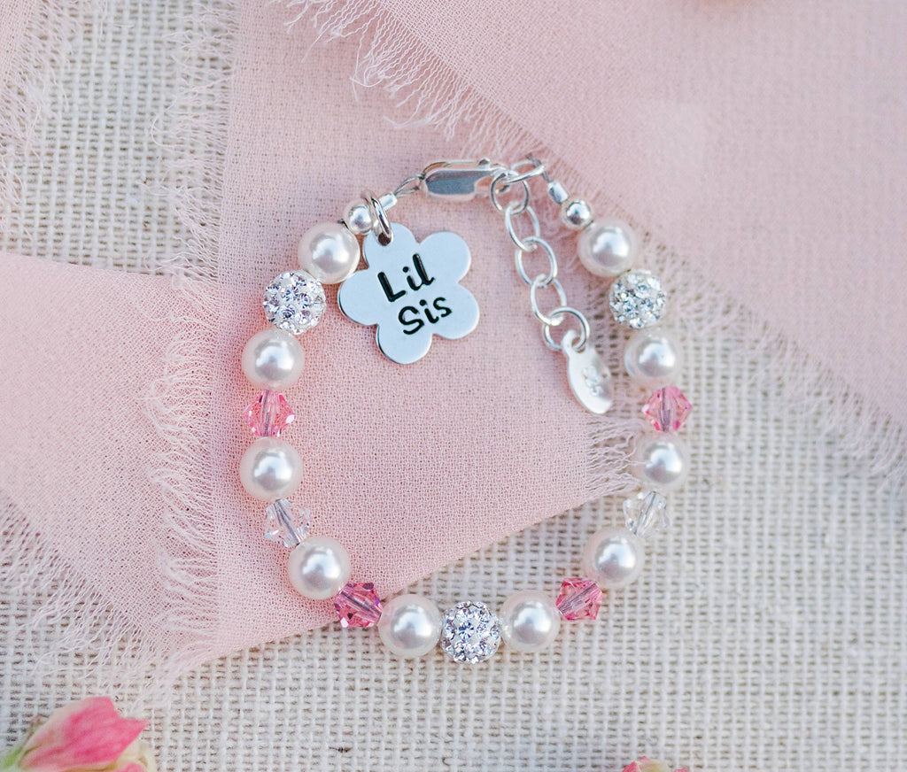 Sterling Silver Little Sister Bracelet with Flower Baby Gift