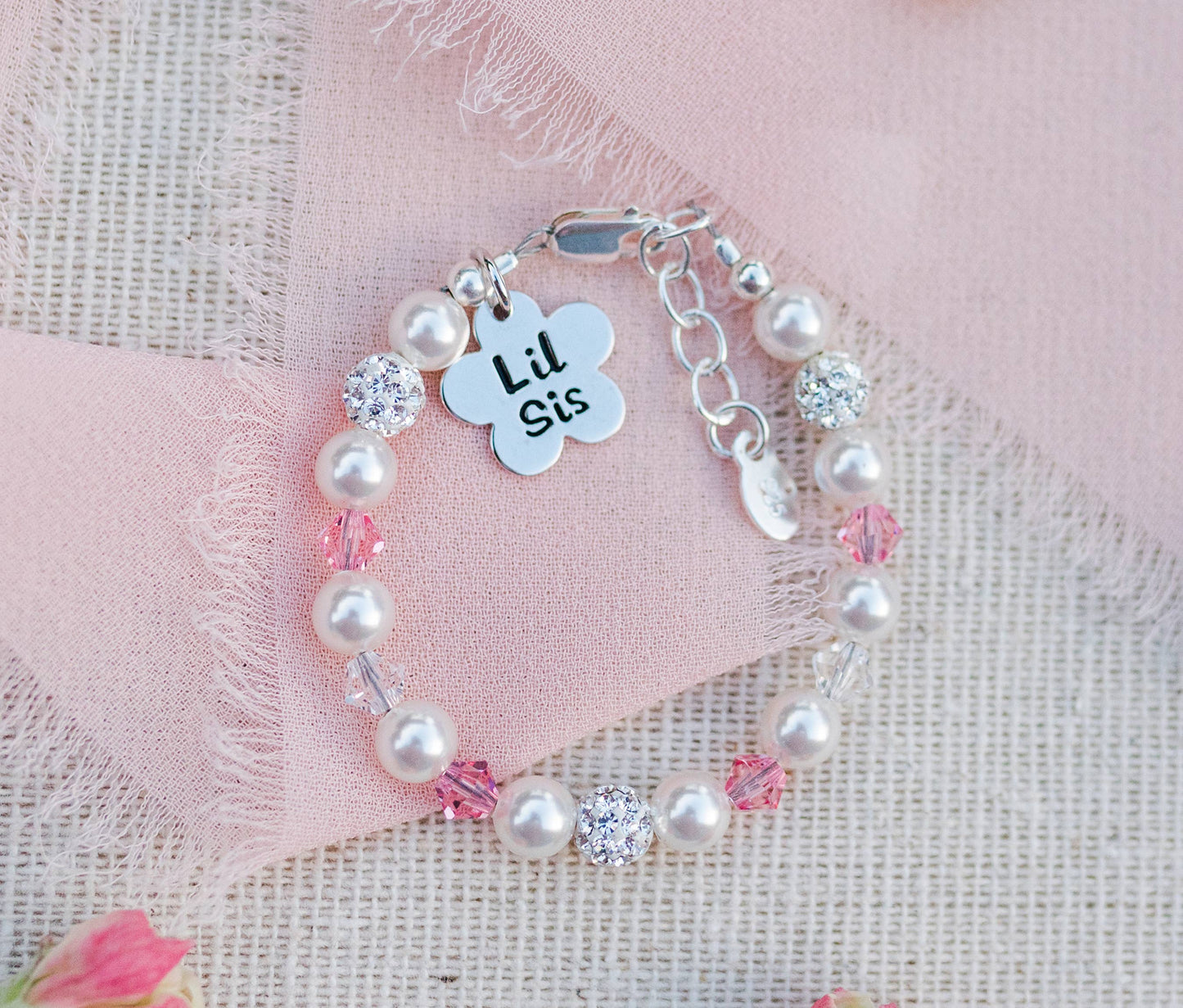 Sterling Silver Little Sister Bracelet with Flower Baby Gift: Medium 1-5 Years