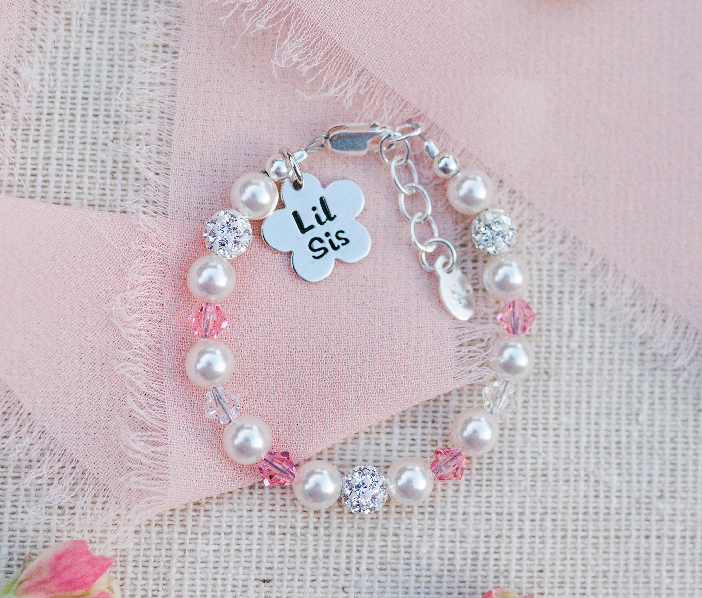 Sterling Silver Little Sister Bracelet with Flower Baby Gift