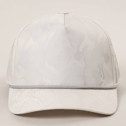 White Camo 5 Panel Rope Strap Trucker Hat: LT GREY / One Size