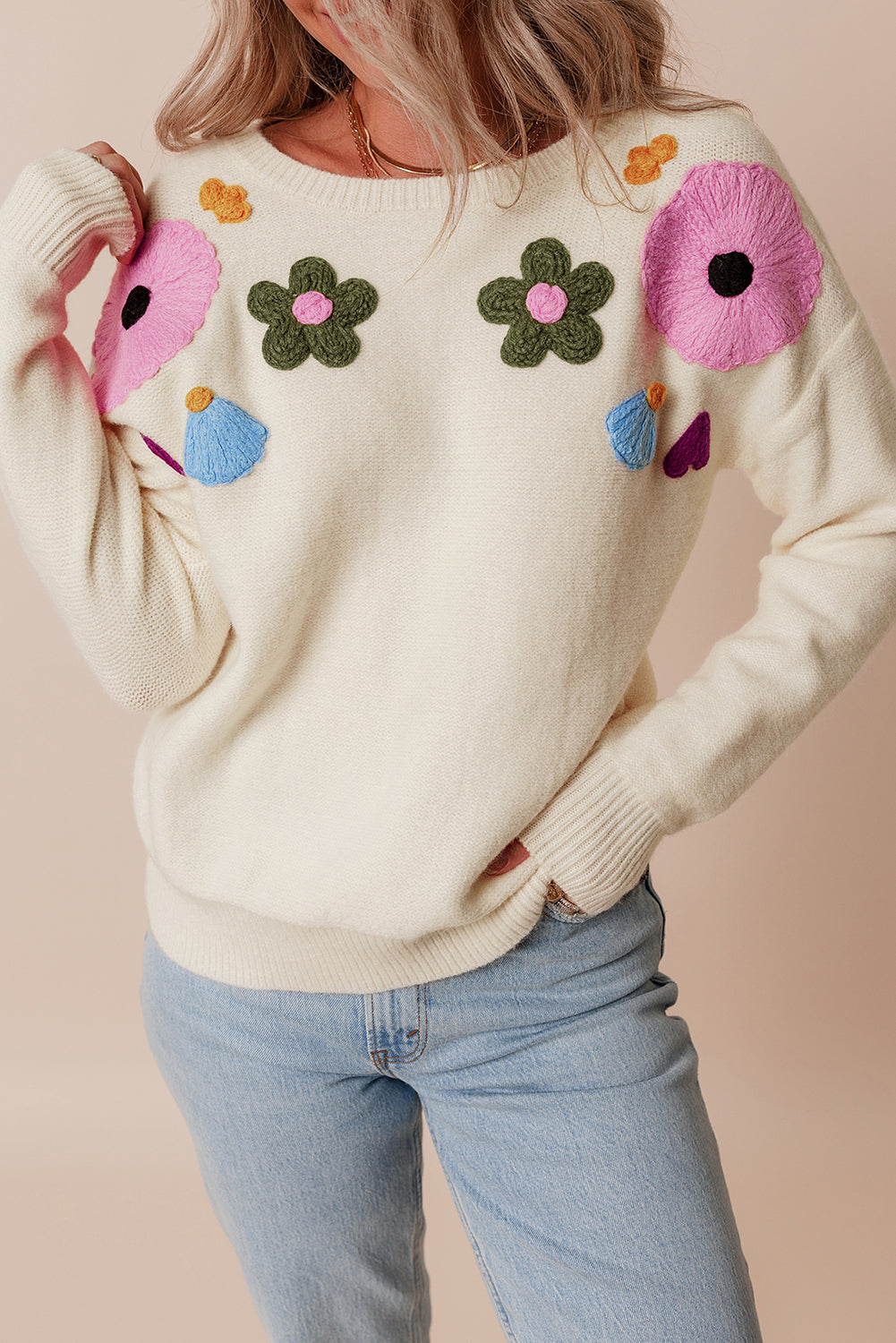 Flower Ribbed Edge Sweater