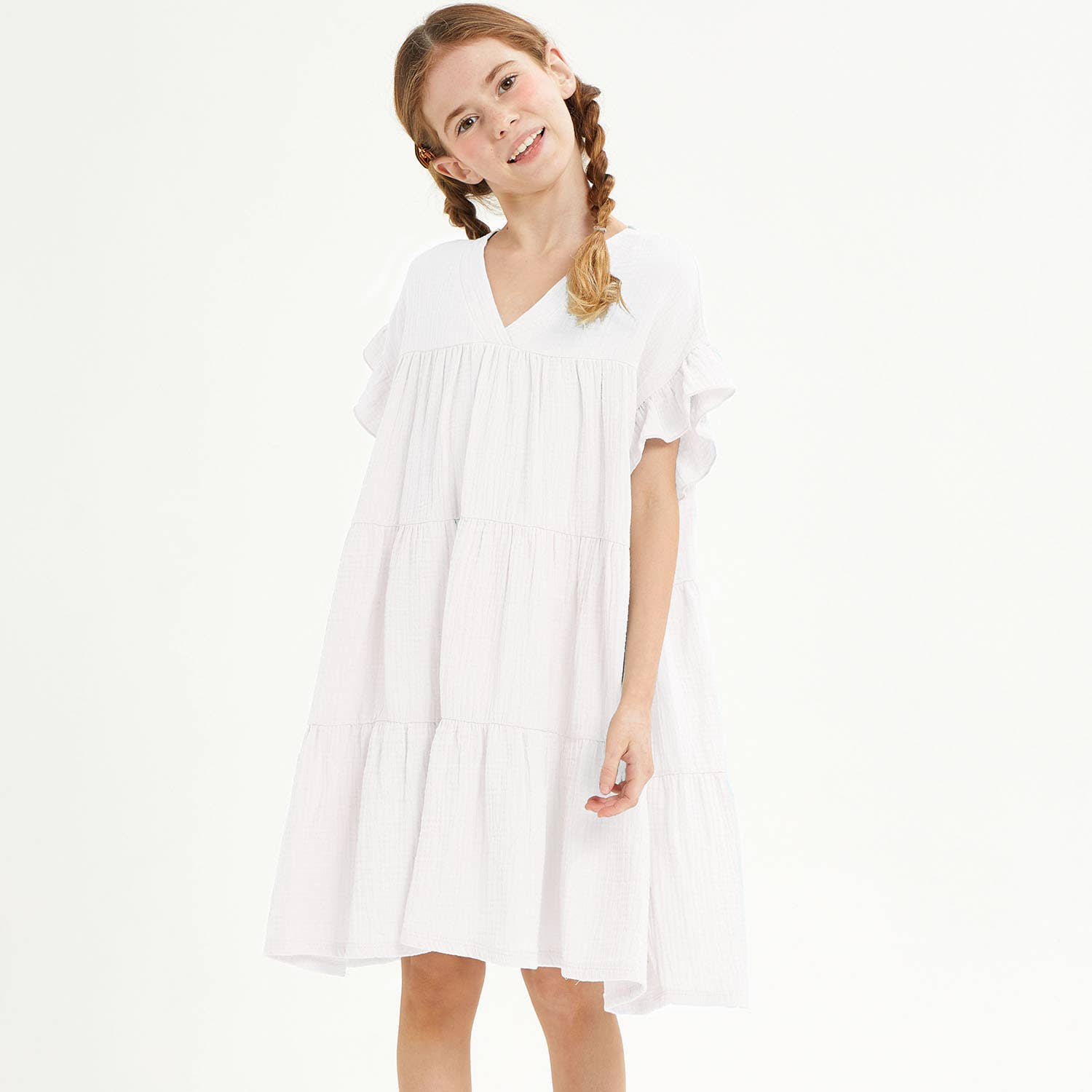 Ruffle Sleeves Tiered Gauze Dress