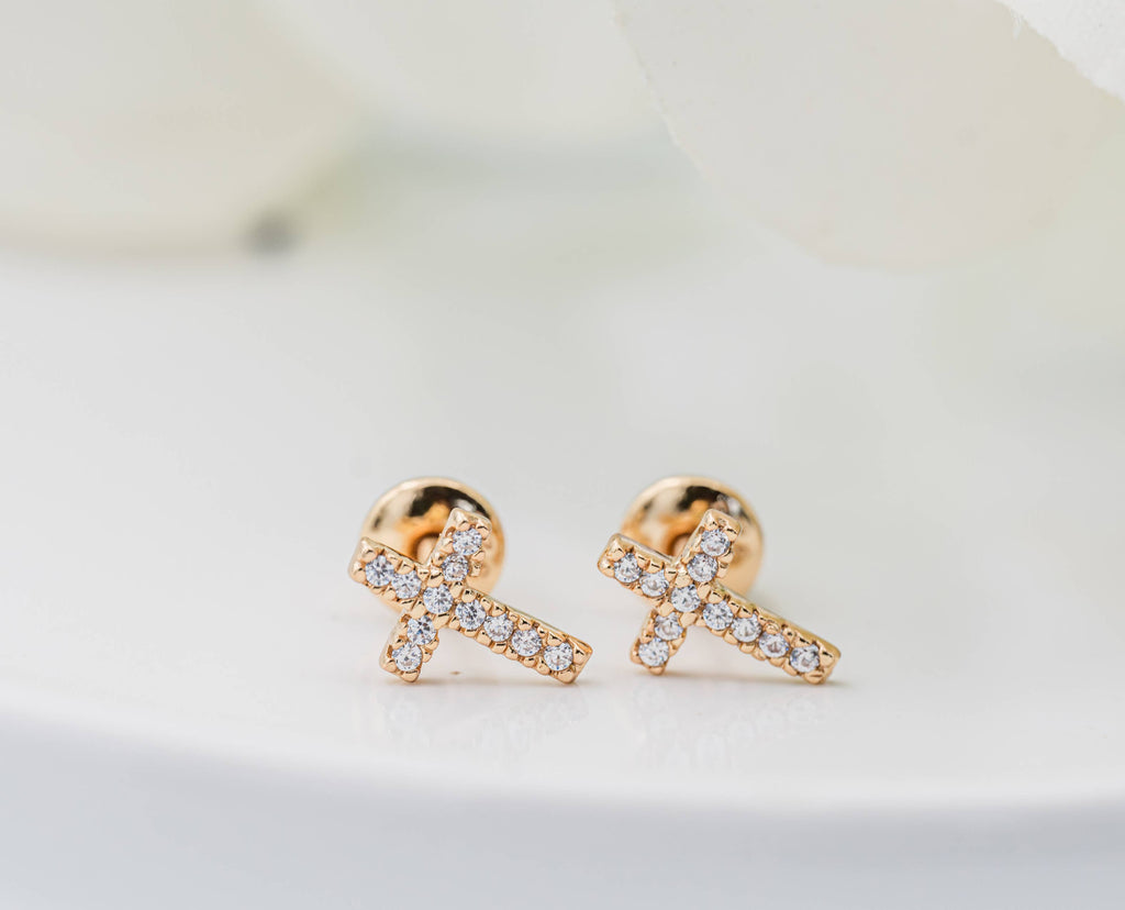 14K Gold-Plated Cross CZ Earrings Baptism or Communion Gift