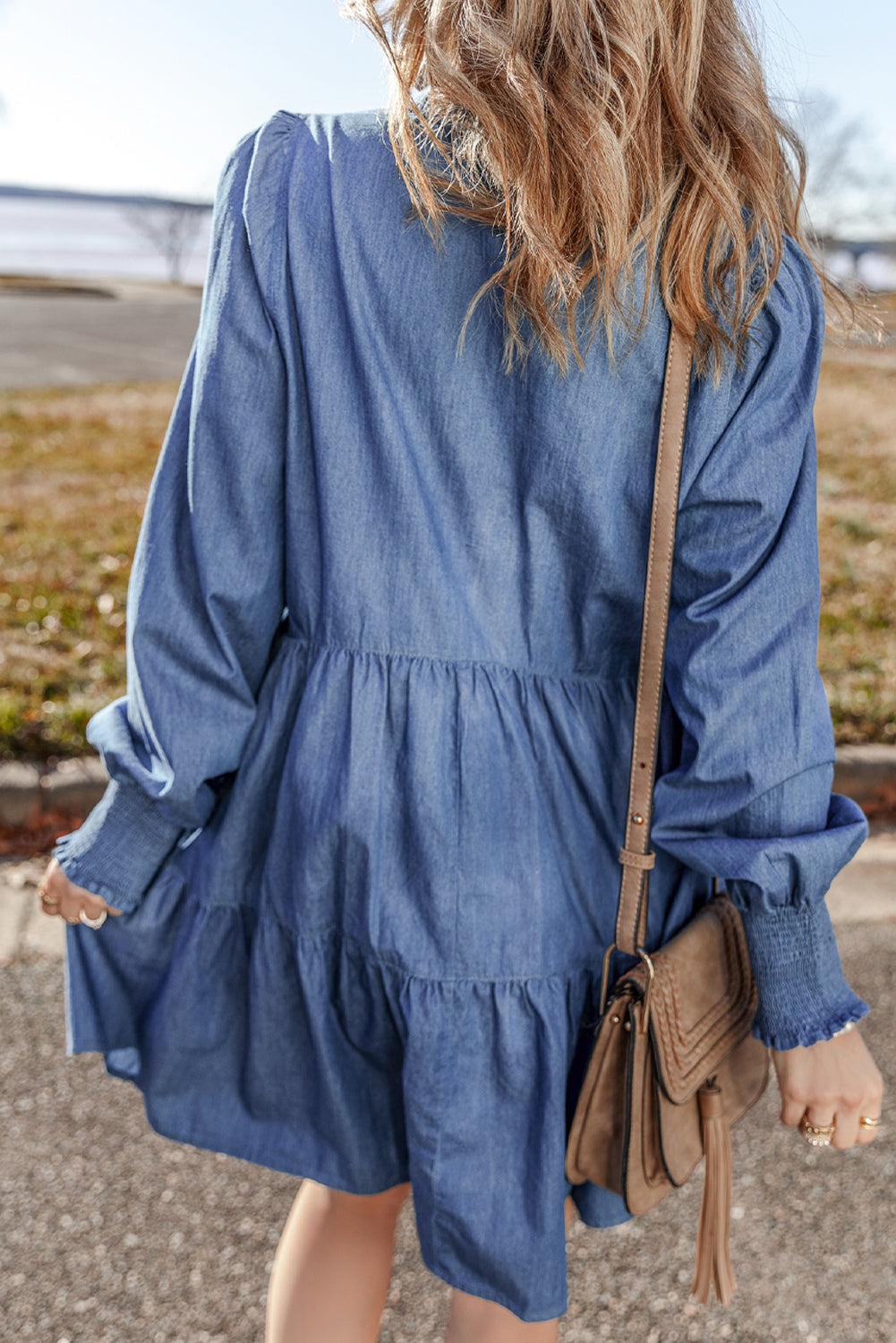 Denim Smocked Cuffed Dress