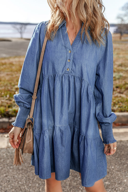 Denim Smocked Cuffed Dress