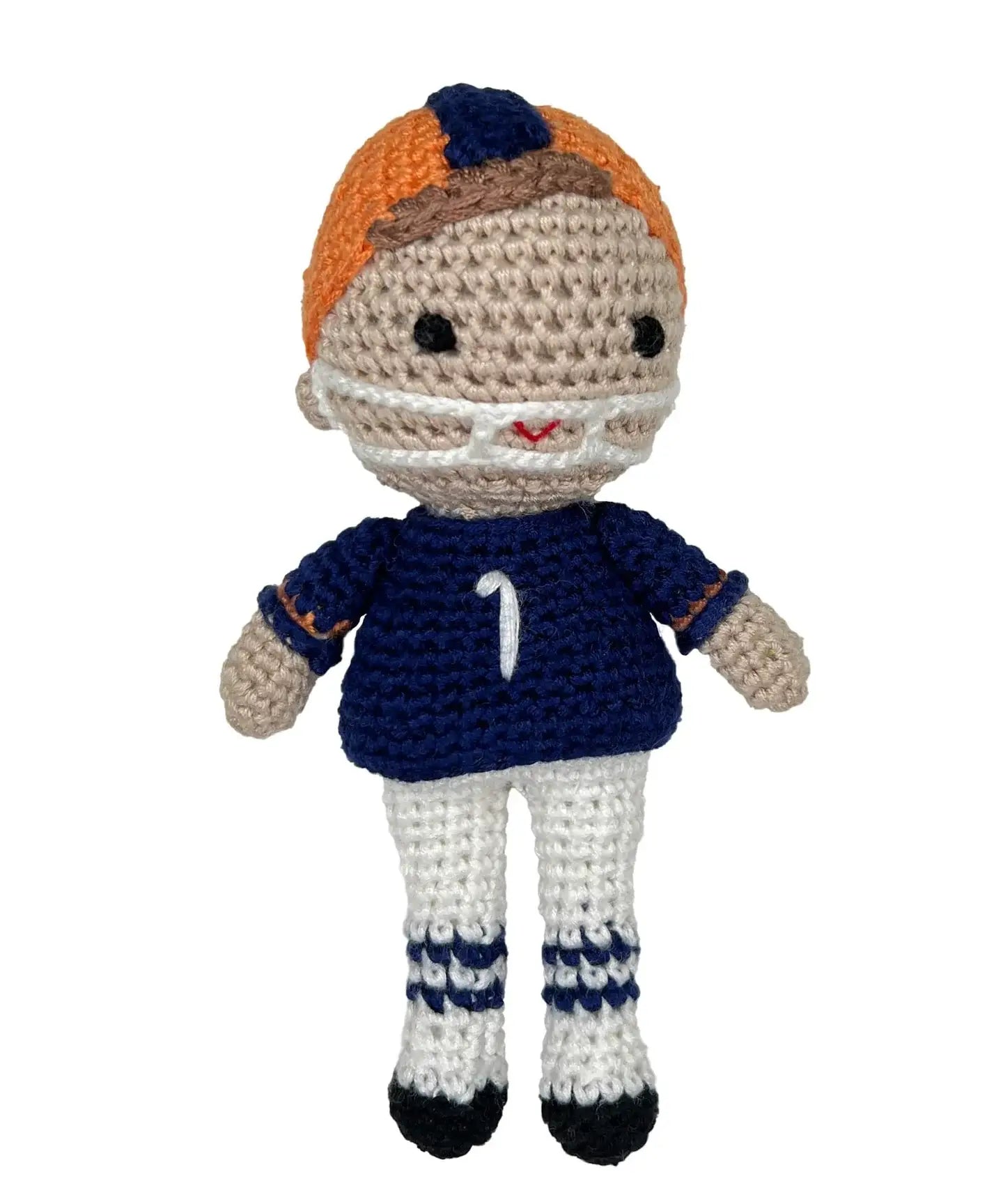 Football Player Bamboo Crochet Rattles in Multiple Colors: Orange/Navy / 5" Rattle