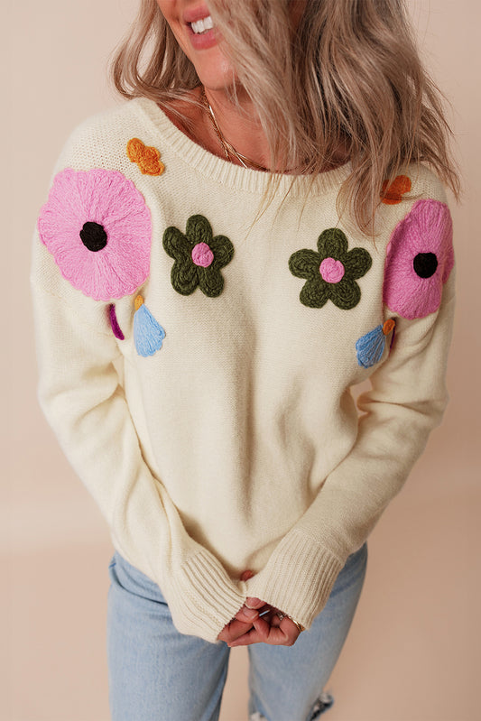 Flower Ribbed Edge Sweater