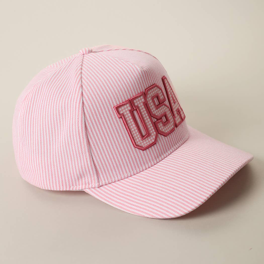 USA Embroidered Patch Gingham Stripe Trucker Hat: BLUE / One Size