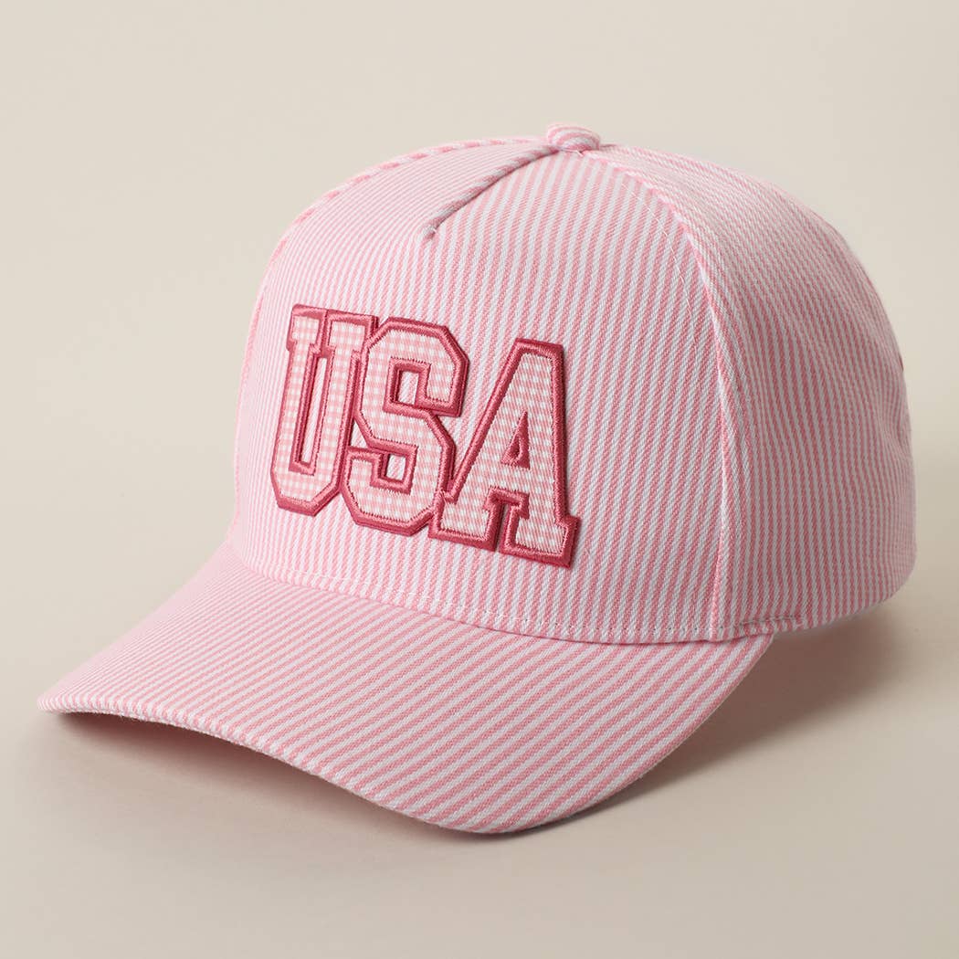 USA Embroidered Patch Gingham Stripe Trucker Hat: BLUE / One Size