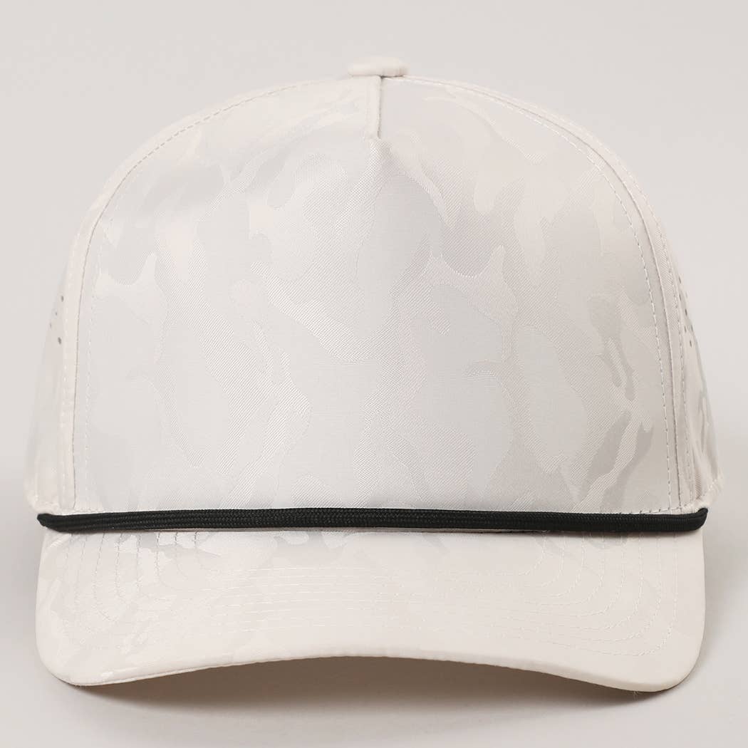 White Camo 5 Panel Rope Strap Trucker Hat: LT GREY / One Size