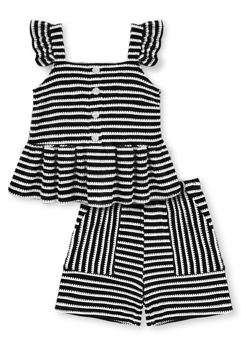 Girl's Striped Short Set: Black
