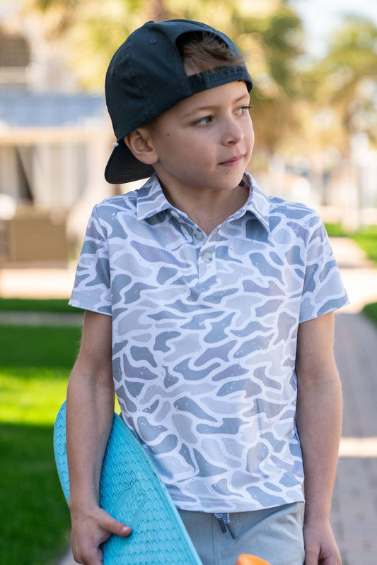 White Camo Youth Perf Polo