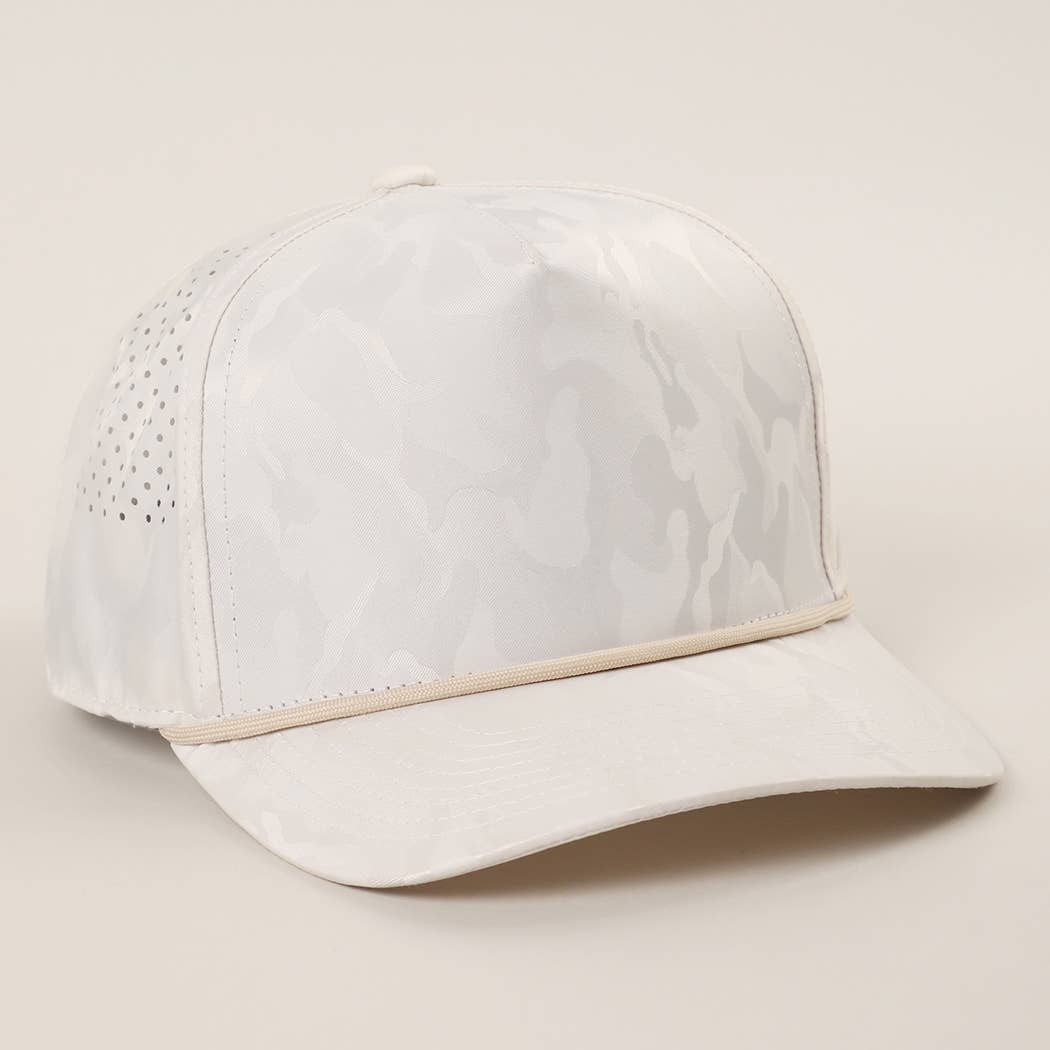 White Camo 5 Panel Rope Strap Trucker Hat: LT GREY / One Size