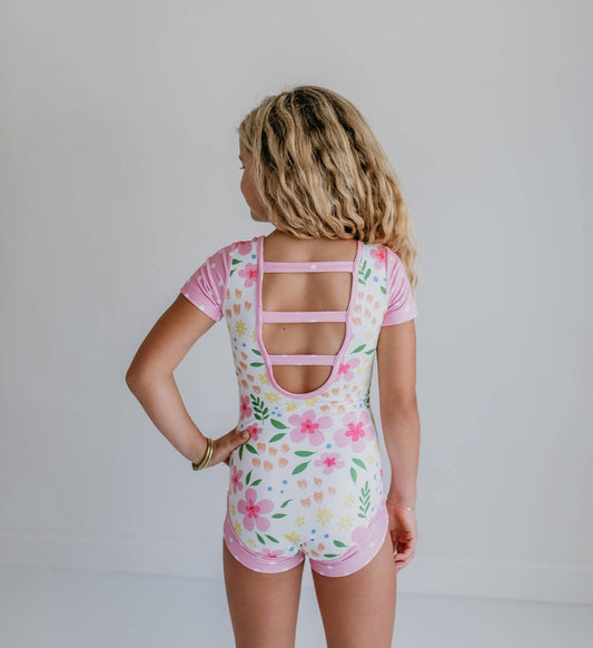 Pink & Yellow Floral Shortie Leotard