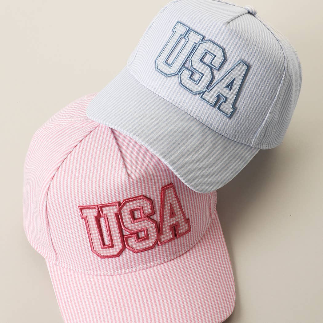 USA Embroidered Patch Gingham Stripe Trucker Hat: BLUE / One Size