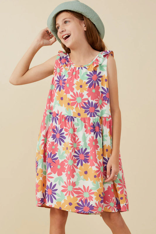 Girls Vivid Floral Ruffle Dress