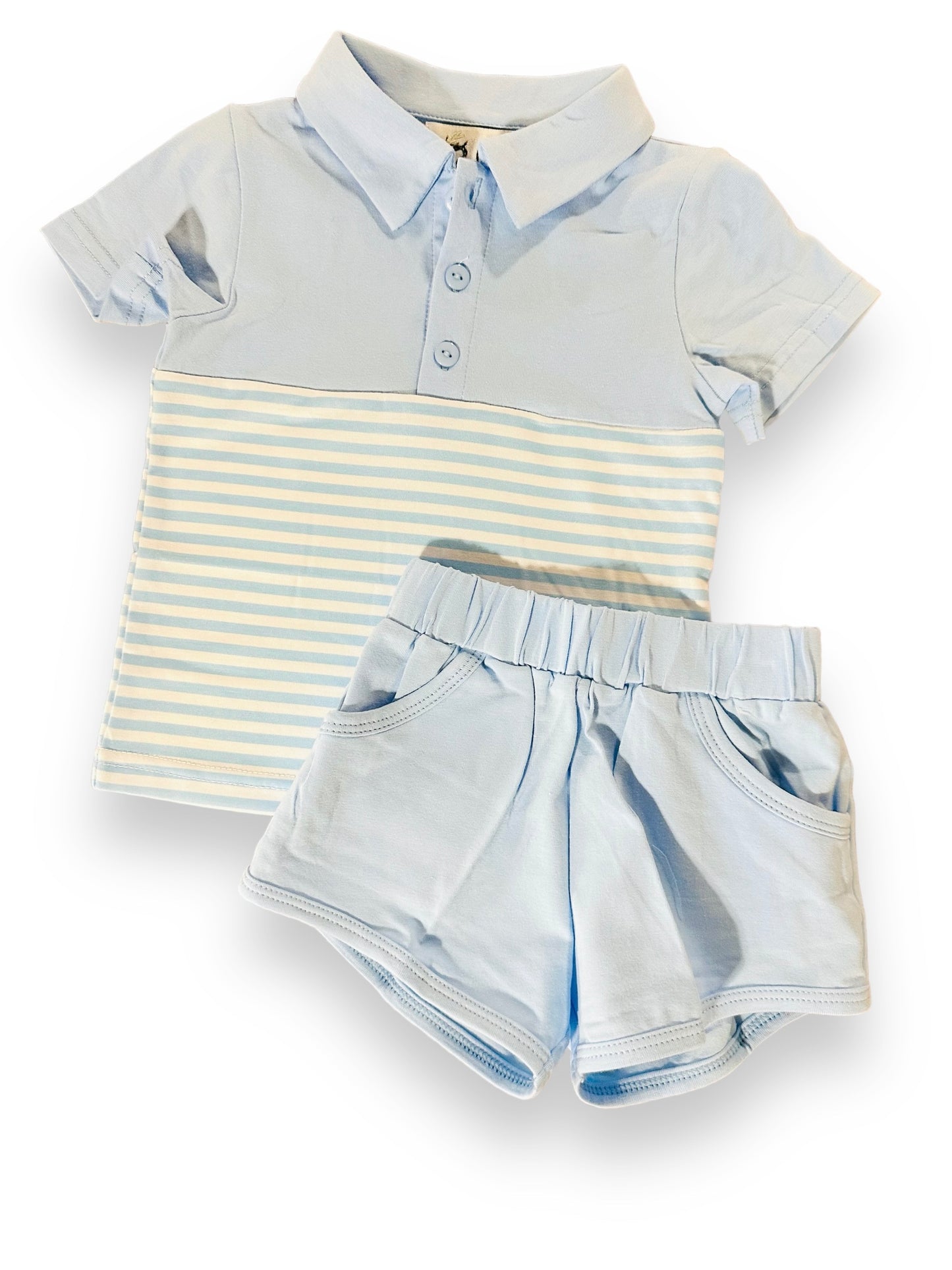 Blue Striped Polo Short Set