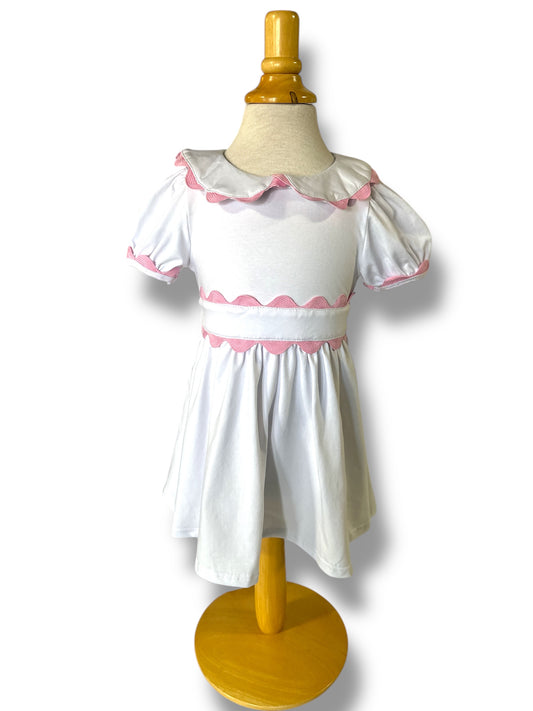 Ric Rac Collared Dress-White/Pink